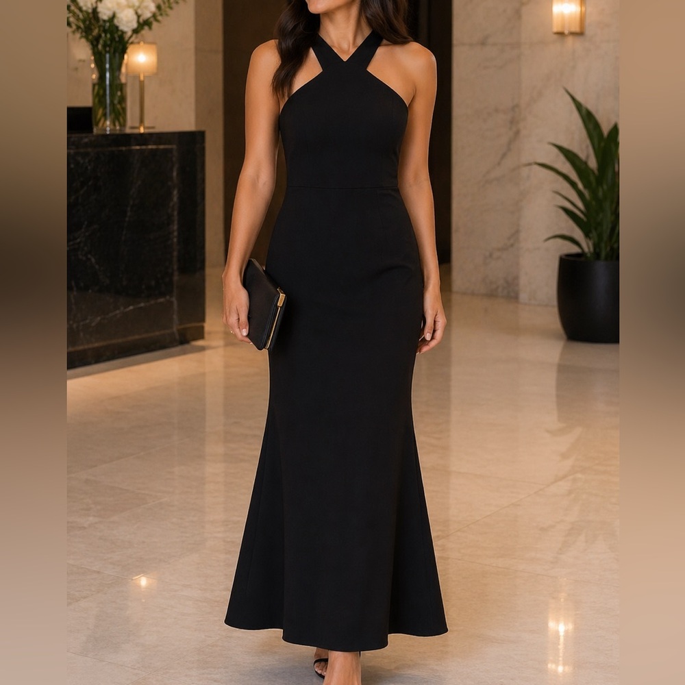Blushmark Black Stretch Crepe Maxi Dress | Cross Back | Size M